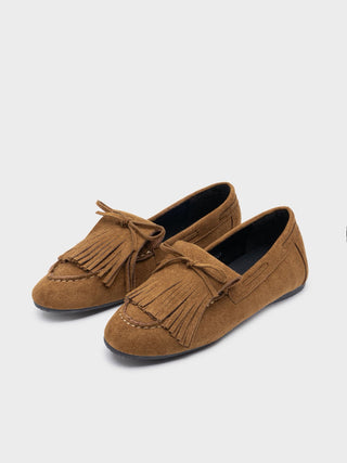 Mocasines Serraje Camel con Flecos y Lazo - Alalá Moda Mujer