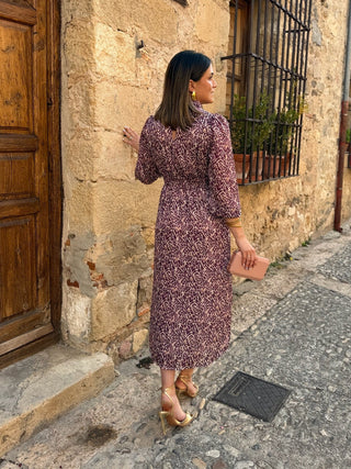 Vestido liso em chiffon castanho | Andreia 