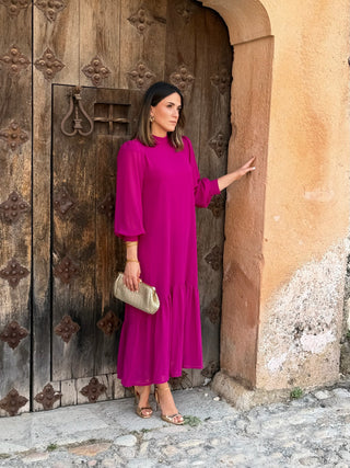 Vestido liso em chiffon castanho | Andreia 