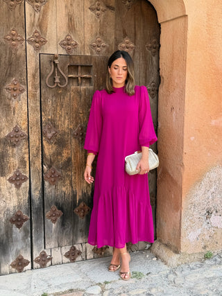 Vestido liso em chiffon castanho | Andreia 