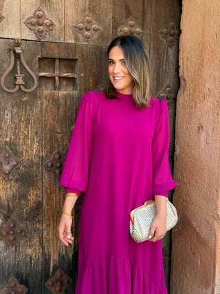 Vestido liso em chiffon castanho | Andreia 