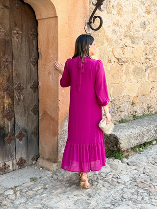 Vestido liso em chiffon castanho | Andreia 