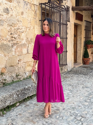Vestido liso em chiffon castanho | Andreia 