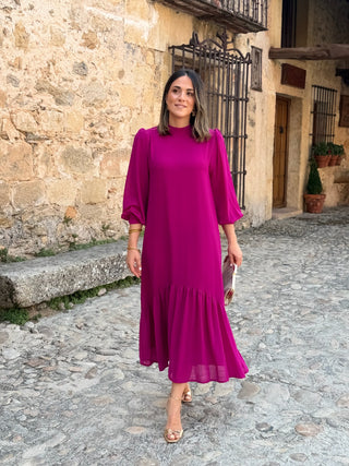 Vestido liso em chiffon castanho | Andreia 