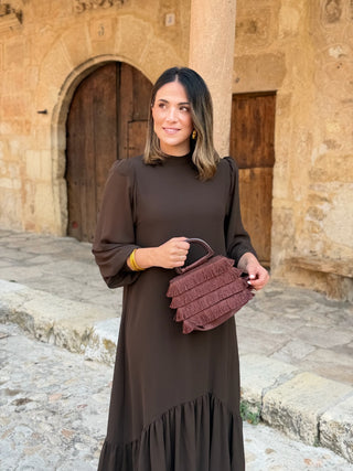 Vestido liso em chiffon castanho | Andreia 