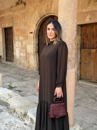 Vestido liso em chiffon castanho | Andreia 