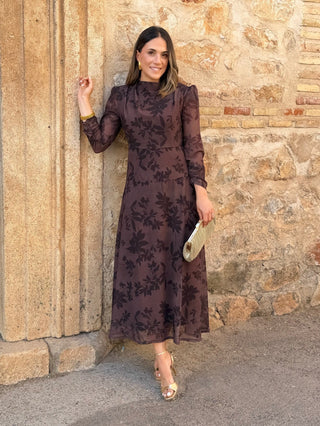 Vestido gasa midi marrón | Lipa