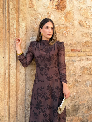 Vestido gasa midi marrón | Lipa