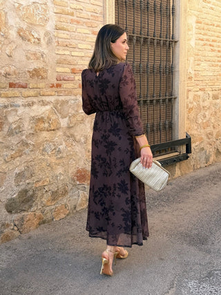 Vestido gasa midi marrón | Lipa
