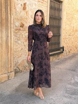 Vestido gasa midi marrón | Lipa