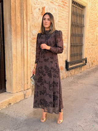 Vestido gasa midi marrón | Lipa