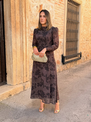 Vestido gasa midi marrón | Lipa