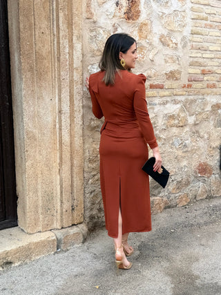 Vestido midi teja con volante | Izara