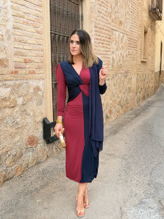 Vestido midi bicolor azul marino y burdeos| Tiffany