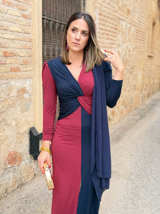 Vestido midi bicolor azul marino y burdeos| Tiffany