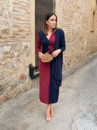 Vestido midi bicolor azul marino y burdeos| Tiffany