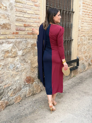 Vestido midi bicolor azul marino y burdeos| Tiffany