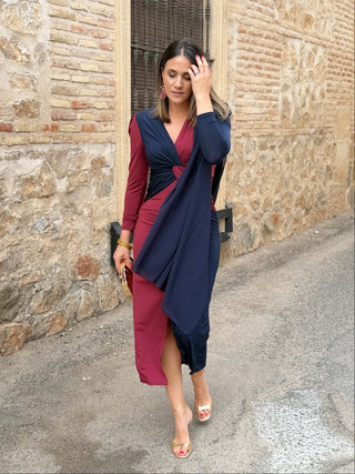 Vestido midi bicolor azul marino y burdeos| Tiffany