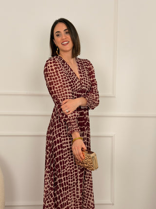 Vestido gasa plisado burdeos | Vega