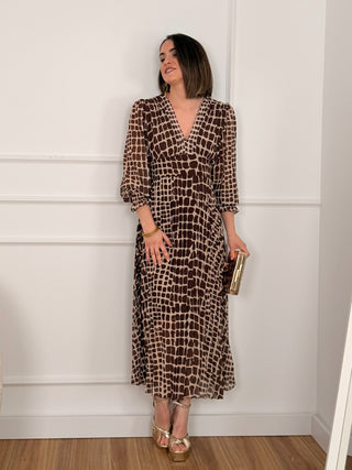 Vestido gasa plisado marron | Vega