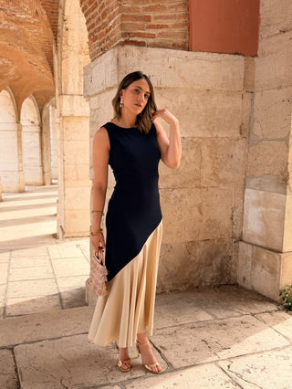 Vestido midi bicolor azul marino y beige  | Aurelia