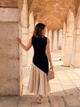 Vestido midi bicolor azul marino y beige  | Aurelia