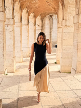 Vestido midi bicolor azul marino y beige  | Aurelia