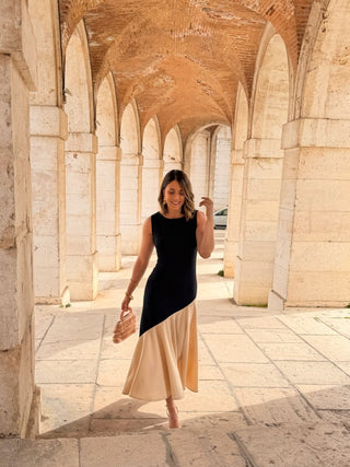 Vestido midi bicolor azul marino y beige  | Aurelia