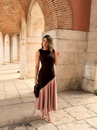 Vestido midi bicolor marron y maquillaje  | Aurelia