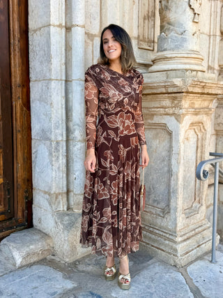 Vestido Tul estampado floral marrón  | Camila