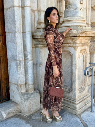Vestido Tul estampado floral marrón  | Camila