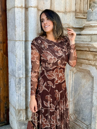Vestido Tul estampado floral marrón  | Camila