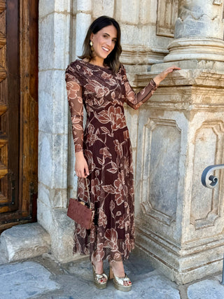 Vestido Tul estampado floral marrón  | Camila