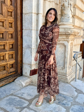 Vestido Tul estampado floral marrón  | Camila