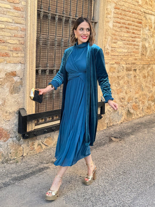 Abrigo fiesta tercipelo azul turquesa | Dinamarca - Alalá Moda Mujer