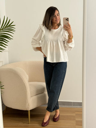 Blusa tabla y volante blanca | Alba - Alalá Moda Mujer