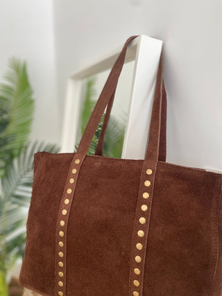 Bolso shopper serraje y tachuelas marrón oscuro - Alalá Moda Mujer