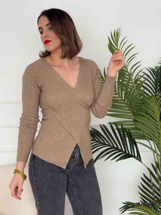 Jersey cuello pico beis | Sintra - Alalá Moda Mujer