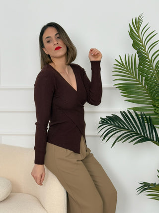 Jersey cuello pico marrón| Sintra - Alalá Moda Mujer