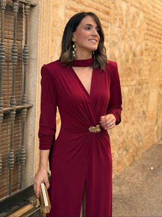 Vestido burdeos con Broche Dorado | Tessa - Alalá Moda Mujer