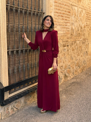 Vestido burdeos con Broche Dorado | Tessa - Alalá Moda Mujer