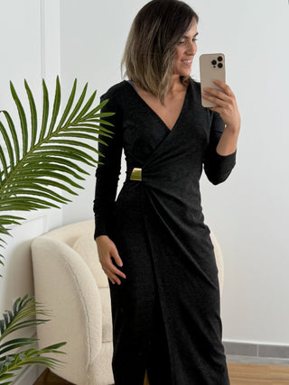 Vestido detalle dorado gris marengo | Filian - Alalá Moda Mujer