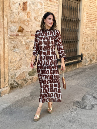 Vestido estampado geométrico marrón | Marrakech - Alalá Moda Mujer