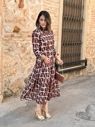 Vestido estampado geométrico marrón | Marrakech - Alalá Moda Mujer