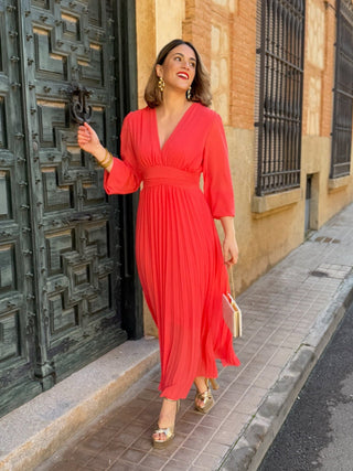 Vestido plisado coral | Sharon - Alalá Moda Mujer