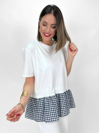 Camiseta volante vichy azul marino - Alalá Moda Mujer