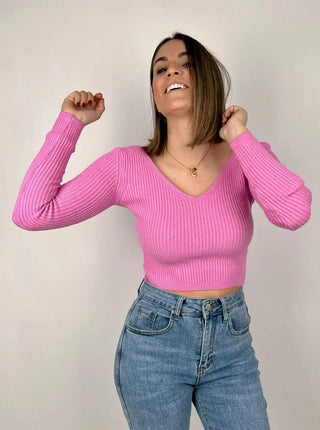 Jersey de punto escote pico rosa - Alalá Moda Mujer