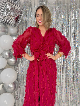 Vestido largo plumas rojo| Monaco - Alalá Moda Mujer
